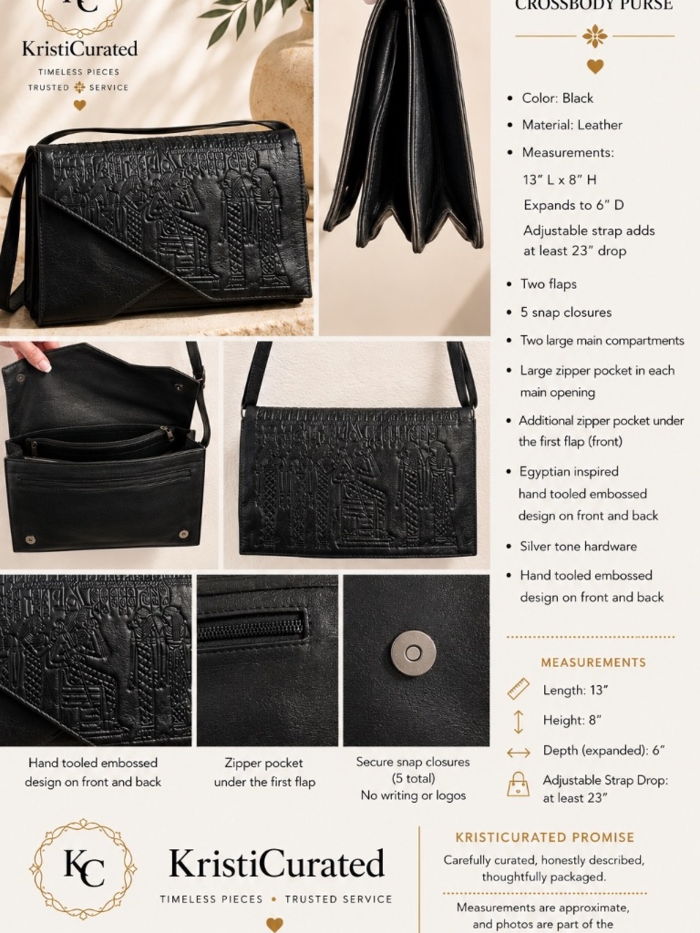 Artisan Black Leather Egyptian Hand-Tooled Embossed Crossbody Bag - Picture 2 of 14